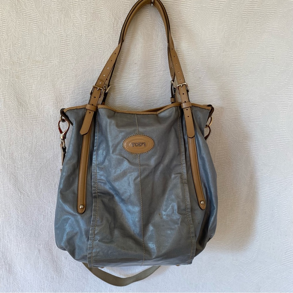 Tods coated canvas two way bag blue with tan leather trim